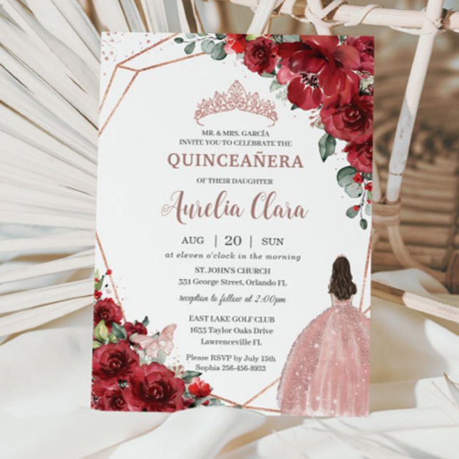 Chic Red Blommigt Ro Guld Girl Dress Quinceañera Inbjudningar (Skapare uppladdad)