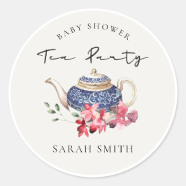 Chic Red Blue Blommigt Tekanna Baby Shower Tea Par Runt Klistermärke