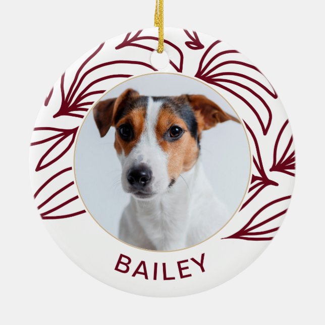Chic Red Botanical Hund Photo and Namn jul Julgransprydnad Keramik (Baksidan)