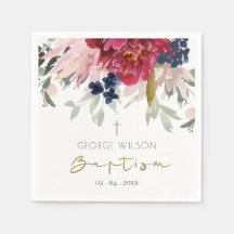 Chic Red Burgundy Blue Guld Blommigt Baptism