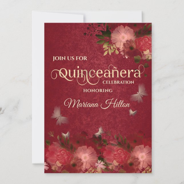 Chic Red Butterfly blommigt-trädgård Quinceañera Inbjudningar (Framsida)