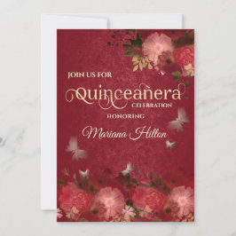 Chic Red Butterfly blommigt-trädgård Quinceañera Inbjudningar