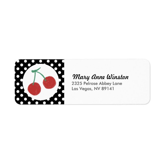 Chic Red Cherry Polkadot Birthday Baby Shower Returadress Etikett (Framsidan)