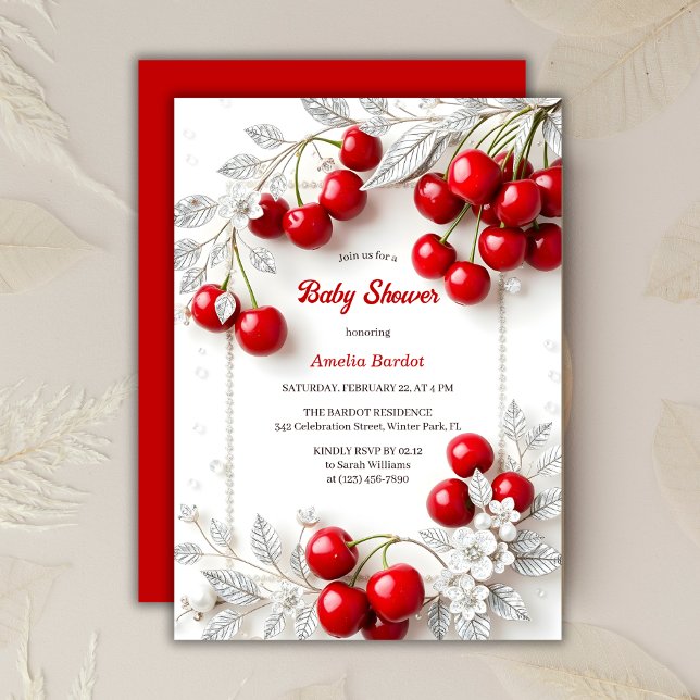 Chic Red Cherry Thuppe Girl Baby Shower Inbjudningar (Chic Red Cherry Themed Girl Baby Shower Invitation)