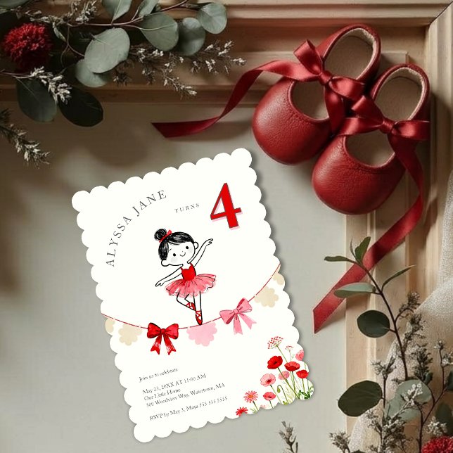Chic Red Coquette Ballerina Birthday LPM26 Inbjudningar (Chic Red Coquette Ballerina Girl Birthday Invitation featuring Artistic Watercolor Effect Bows.)