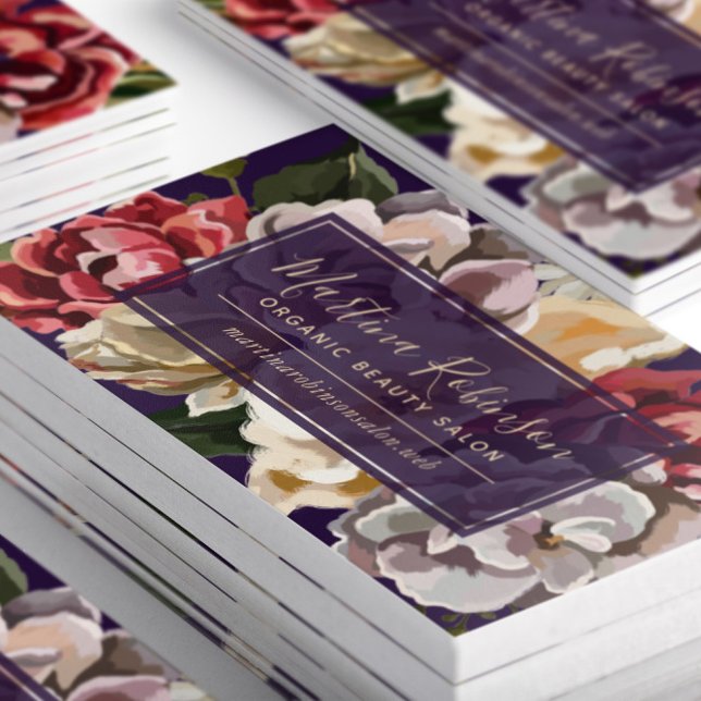 Chic Red Cream och Lila Pawarded Blommigt Visitkort (Close-up stacked Chic Red, Cream and Purple Painted Floral Business Cards)