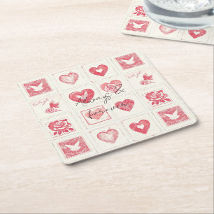 Chic Red Cream Valentine Kärlek Bröllop Underlägg Papper Kvadrat