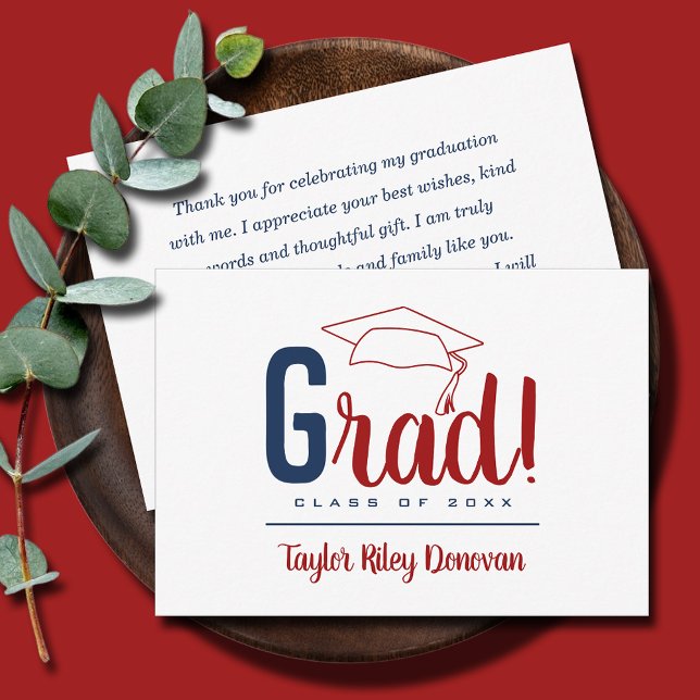 Chic Red Grad Cap Studenten Anteckningskort (3.5" x 5" navy blue and red Grad and graduation cap flat note cards, your message on the back)