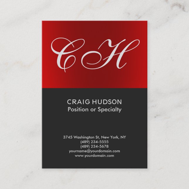 Chic Red Grått Monogram Professionell Affärskort Visitkort (Framsida)