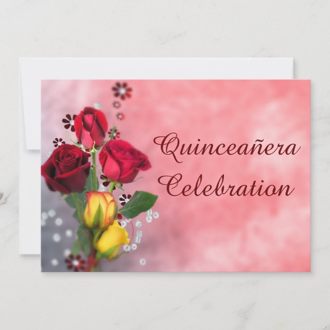 Chic Red & Gul ros Quinceañera Firande Inbjudningar (Framsida)