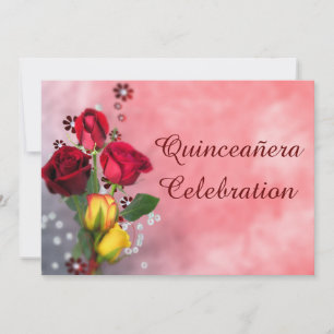 Chic Red & Gul ros Quinceañera Firande Inbjudningar