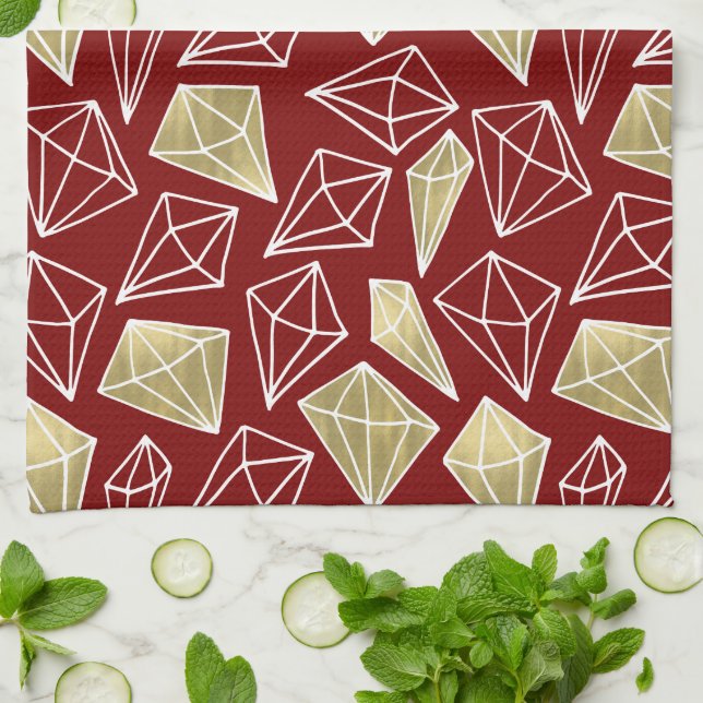 Chic Red Guld Diamonds jul Kökshandduk (Vikta)