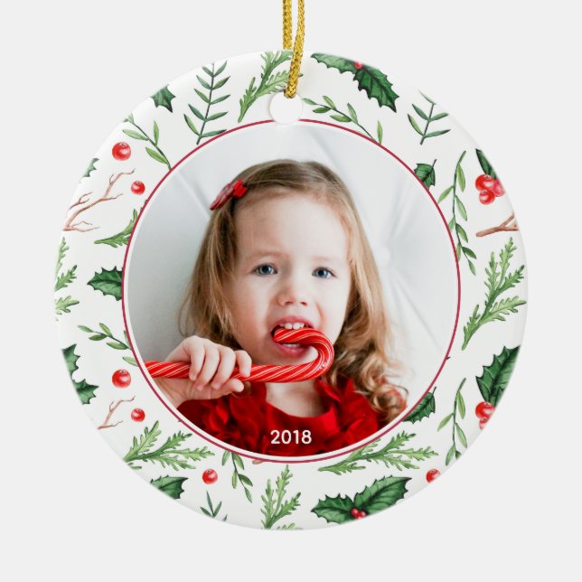 Chic Red Holly Mönster jul Photo Helgdag Julgransprydnad Keramik (Framsidan)