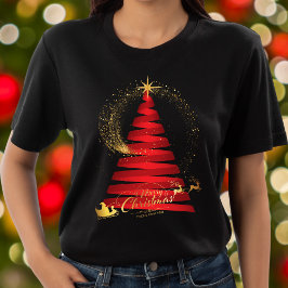 Chic Red Julgran Guld Santa and Reindeer T Shirt