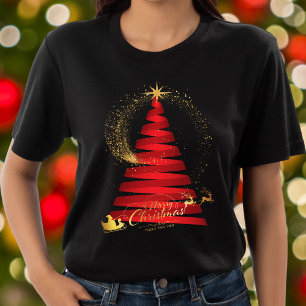 Chic Red Julgran Guld Santa and Reindeer T Shirt