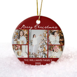 Chic Red Merry Christmas Photo Collage 2025 Julgransprydnad Keramik