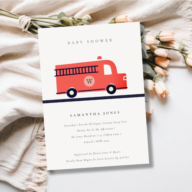 Chic Red Navy Fire Lastbil Engine Baby Shower Inbj Tack Kort (Skapare uppladdad)