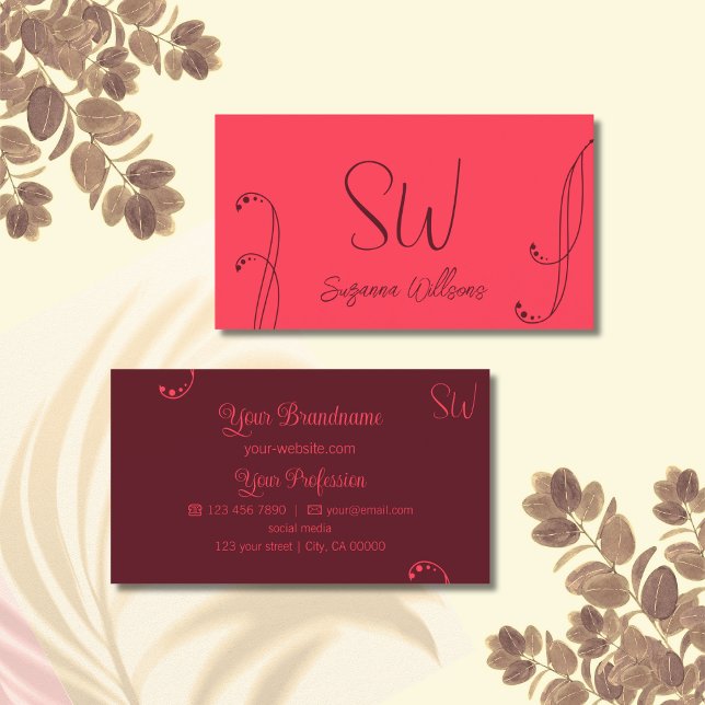Chic Red och Burgundy Modern Ornate med Monogram Visitkort (Skapare uppladdad)