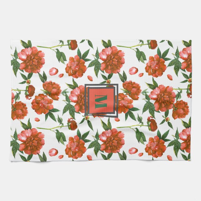 Chic Red Peonies Blooming Flowers Mönster Monogram Kökshandduk (Horisontell)
