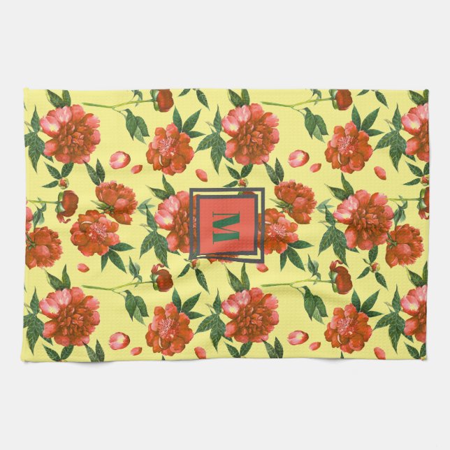 Chic Red Peonies Blooming Flowers Mönster Monogram Kökshandduk (Horisontell)