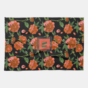 Chic Red Peonies Blooming Flowers Mönster Monogram Kökshandduk