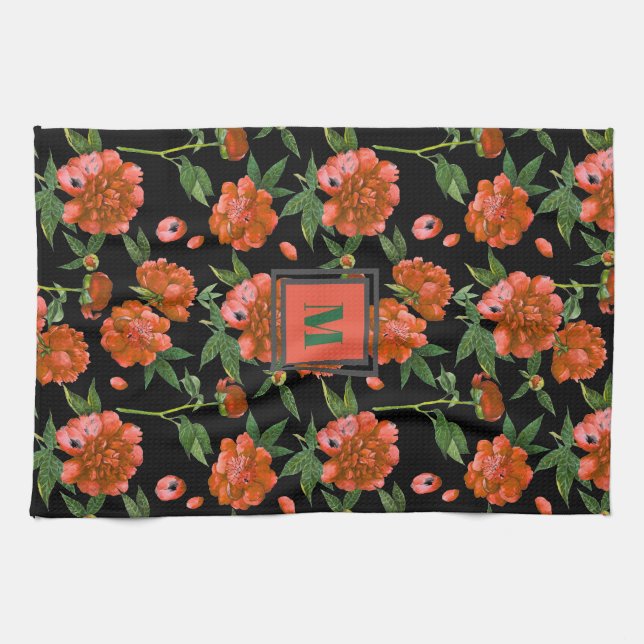 Chic Red Peonies Blooming Flowers Mönster Monogram Kökshandduk (Horisontell)