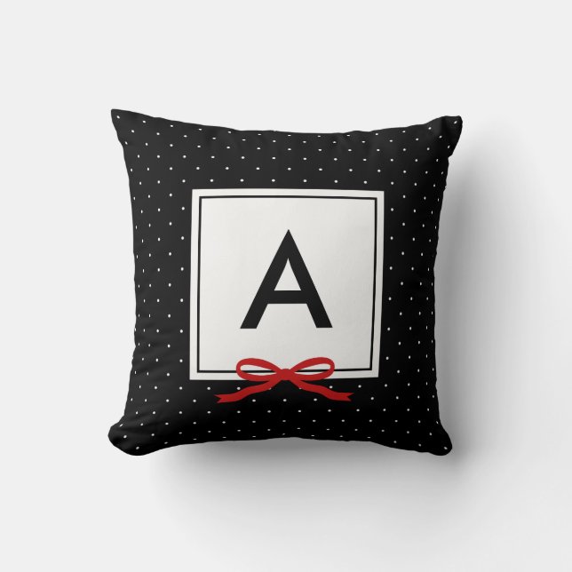 Chic Red Ribbon Black Polka Dot Mönster Monogram Kudde (Framsida)