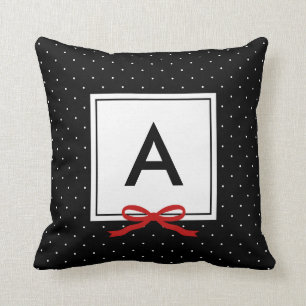 Chic Red Ribbon Black Polka Dot Mönster Monogram Kudde
