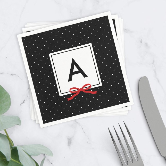 Chic Red Ribbon Black Polka Dot Mönster Monogram Pappersservett (Skapare uppladdad)