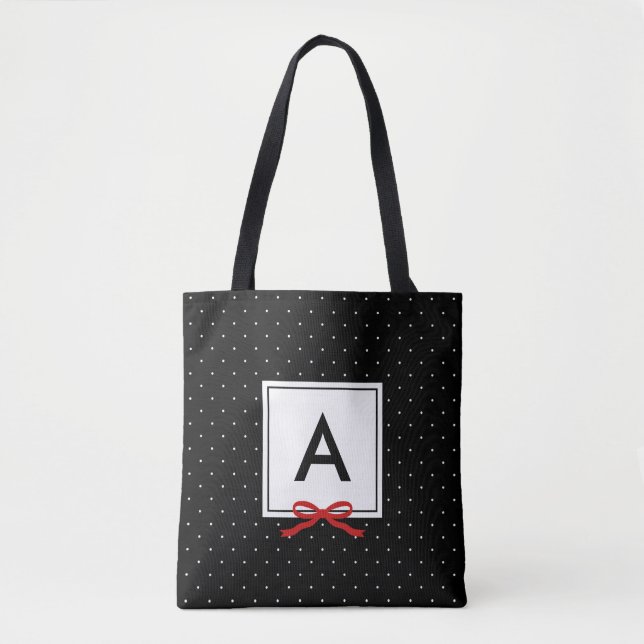 Chic Red Ribbon Black Polka Dot Mönster Monogram Tygkasse (Framsida)