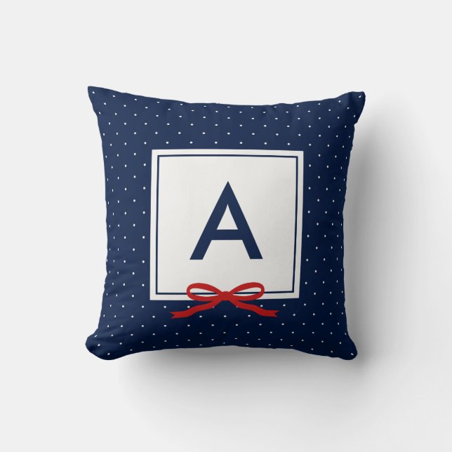 Chic Red Ribbon Blue Polka Dot Mönster Monogram Kudde (Framsida)