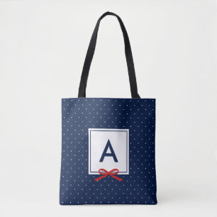 Chic Red Ribbon Blue Polka Dot Mönster Monogram Tygkasse