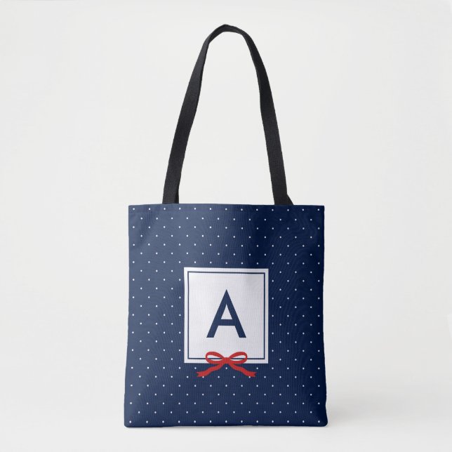 Chic Red Ribbon Blue Polka Dot Mönster Monogram Tygkasse (Framsida)