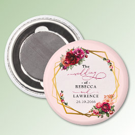 Chic Red rosa blommigt och faux guld bröllop Magnet