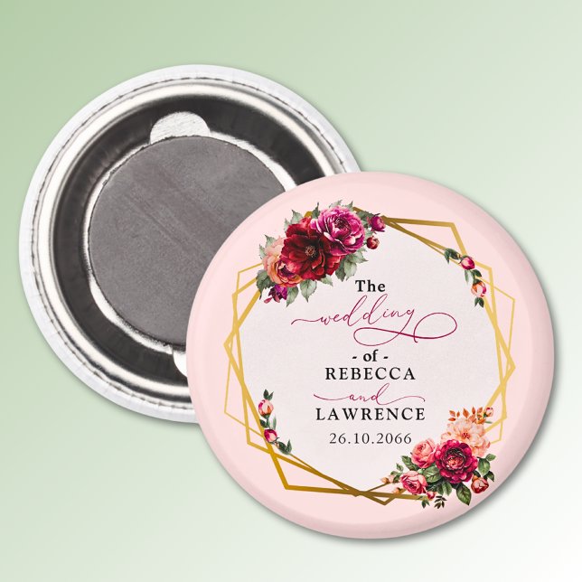 Chic Red rosa blommigt och faux guld bröllop Magnet (Skapare uppladdad)