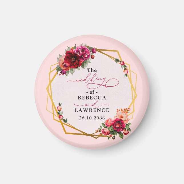 Chic Red rosa blommigt och faux guld bröllop Magnet (Framsidan)