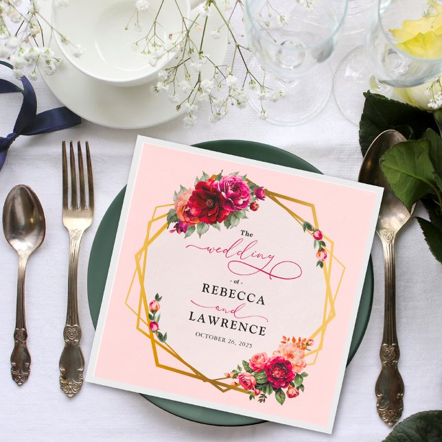 Chic Red rosa blommigt och faux guld bröllop Pappersservett (Skapare uppladdad)