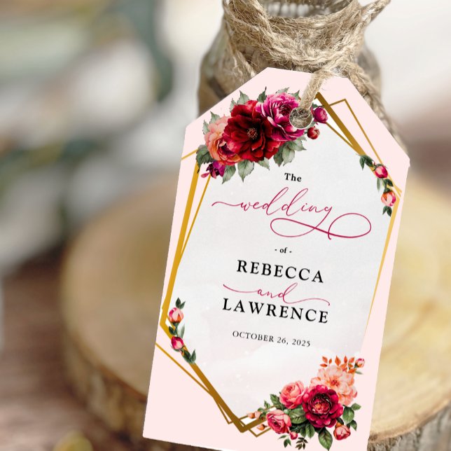 Chic Red rosa blommigt och faux guld bröllop Presentetikett (Skapare uppladdad)
