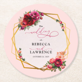 Chic Red rosa blommigt och faux guld bröllop Underlägg Papper Rund