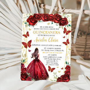 Chic Red Roses Floral Princess Quinceañera Inbjudningar