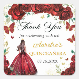 Chic Red Roses Floral Quinceañera Princess Sticker Fyrkantigt Klistermärke
