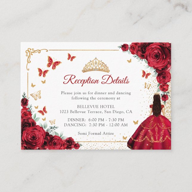 Chic Red Roses Gold Quinceanera Reception Details Tilläggskort (Framsida)