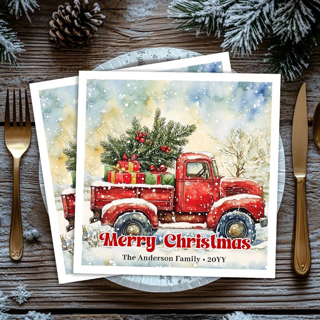Chic red truck Christmas scene holiday napkins set Pappersservett (Chic red truck Christmas scene holiday napkins set)