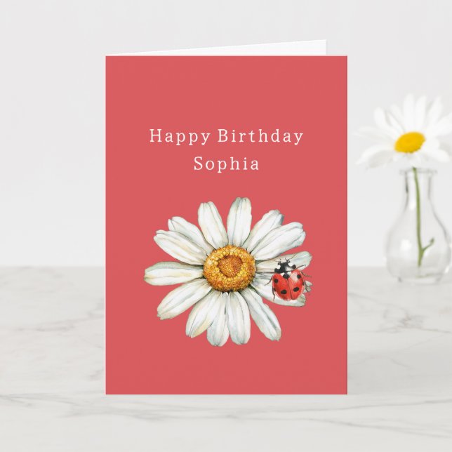 Chic Red White Daisy Flower Ladybug Birthday Kort (Liten växt)