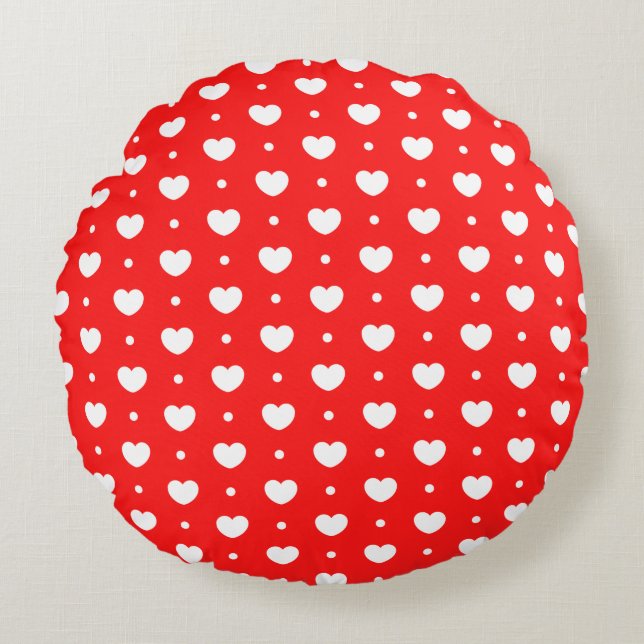 Chic Red White Hearts Mönster Girl Round Pillow Rund Kudde (Framsidan)
