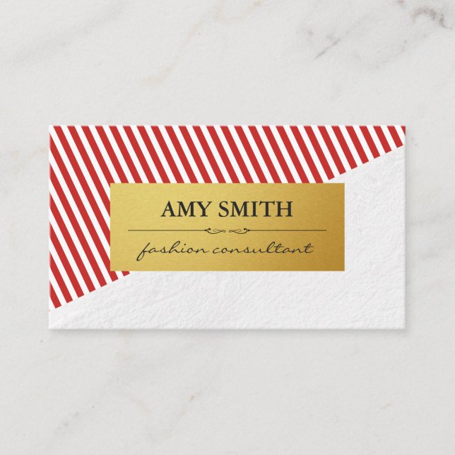 Chic Red White Rand Faux Metallic Guld Visitkort (Framsida)