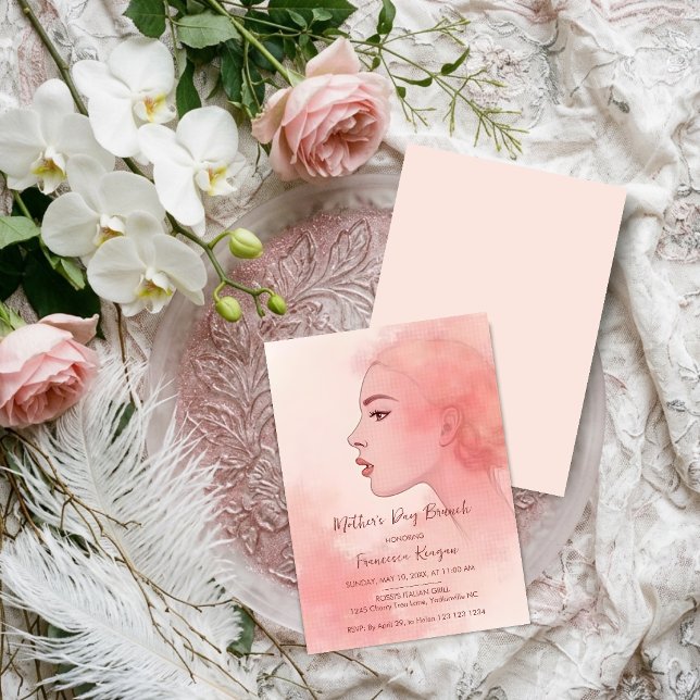 Chic Refined Artistic Peach Mother Silhouette Inbjudningar (Elegant Chic Refined Artistic Peach Mother Silhouette Invitation Design for a Sophisticated Mothers.)