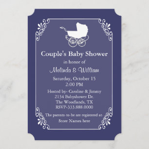 Chic Regency Blå och Vit Par Baby Shower Inbjudningar