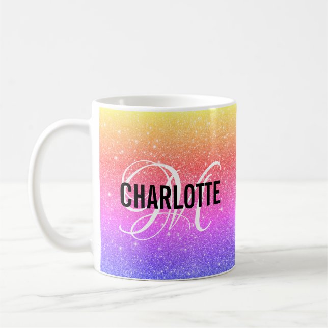 Chic regnbåge glitter monogram namn kaffe mugg (Vänster)