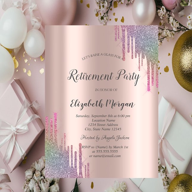 Chic regnbåge glitterdroppar Rosa Guld Pension  Inbjudningar (Skapare uppladdad)